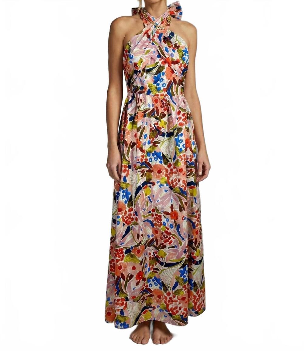 NEW MEET ME IN SANTORINI bloom halter neck maxi dress in mythic brush